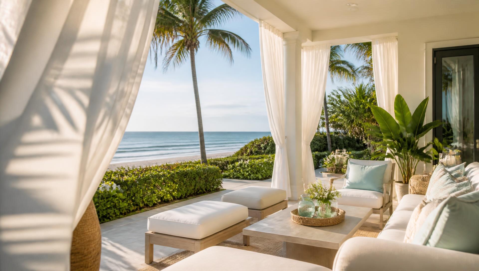 Sunlit coastal terrace with palms and the Gulf of Mexico beyond